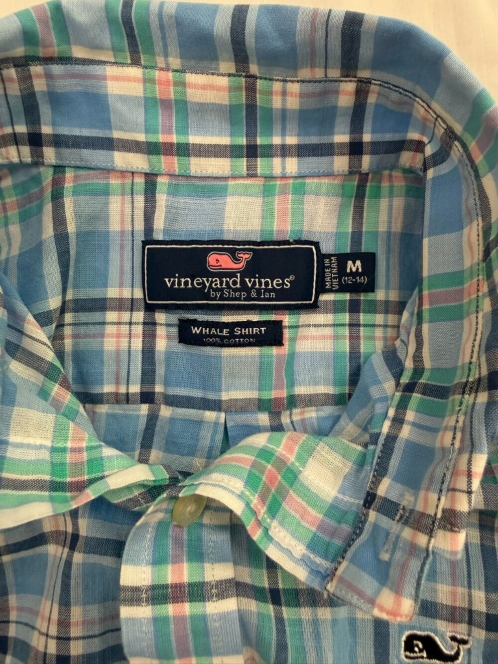 Vineyard Vines Boys Blue Plaid Whale Button-Down Shirt Size M (12-14) - Picture 4 of 6